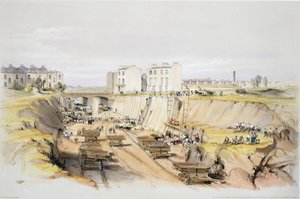 Bouw van de keermuur bij Park Street, Camden Town, 17 september 1836, gegraveerd door de kunstenaar, 1838